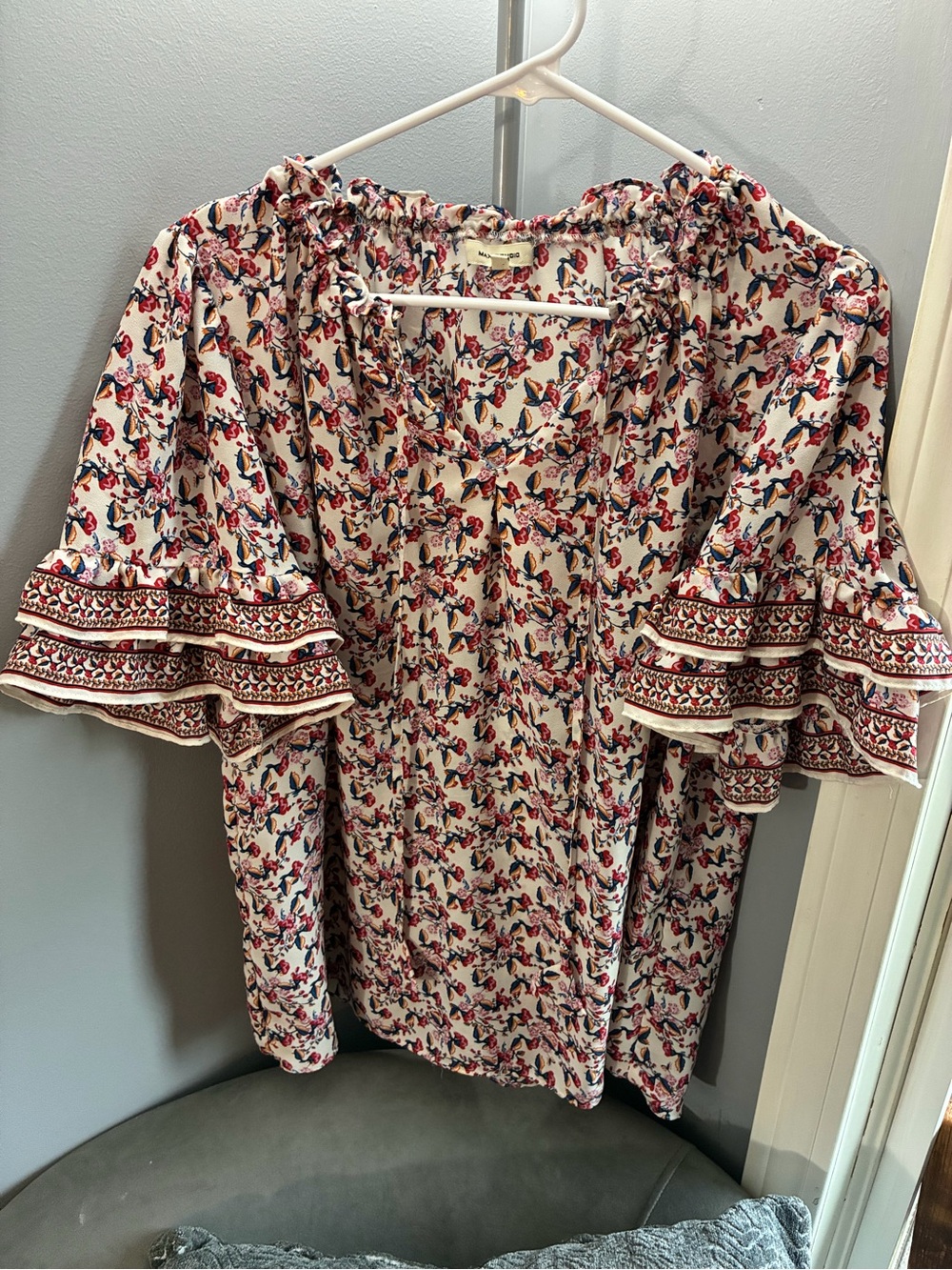 Max Studio Cream Floral Blouse with Pink & Blue Accents
